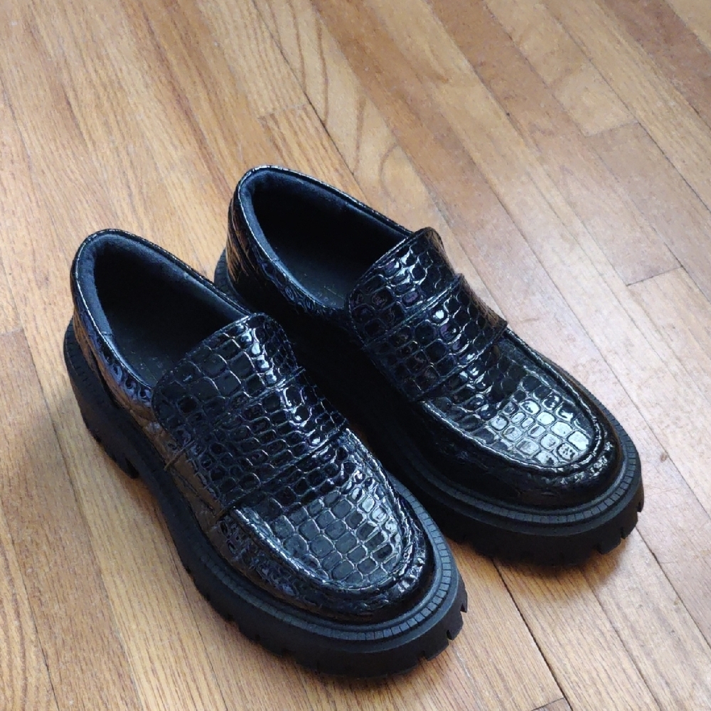 Topshop Lottie Black Chunky Loafers In Black Croc Size 7 US 5UK 38EU